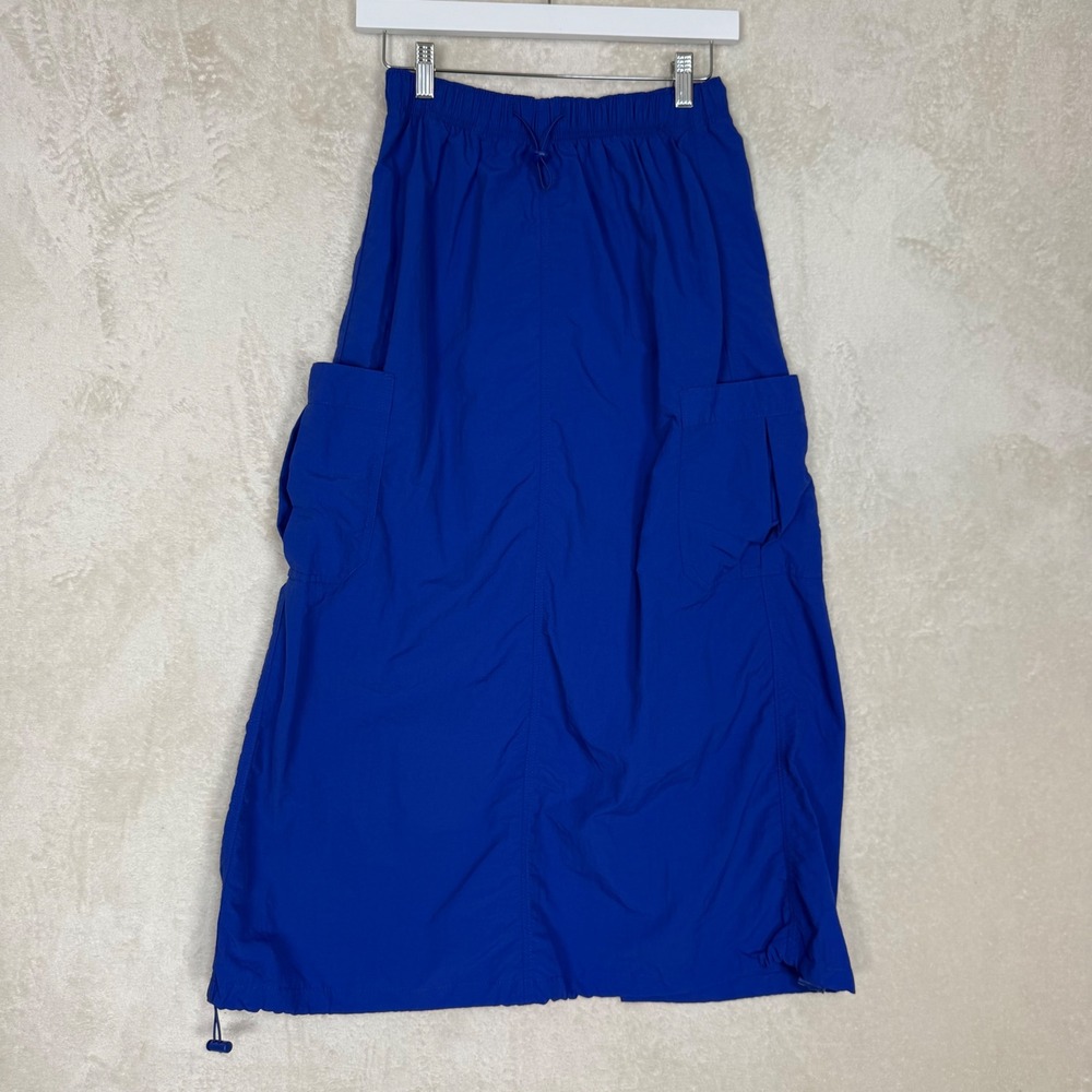 Blue Nylon Cargo Maxi Skirt Drawstring Waist Sporty Chic Utility Gorpcore Size S